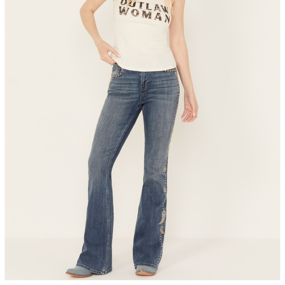 IDYLLWIND ONSLOW MEDIUM GYPSY HIGH RISE EMBELLISHED STRETCH FLARE JEANS 6X34